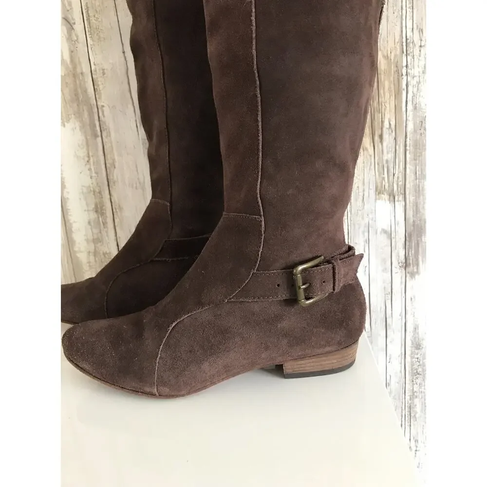 JOIE Many Roads Over The Knee Brown Suede Flat Boots Buckle Zipper 37 6.5